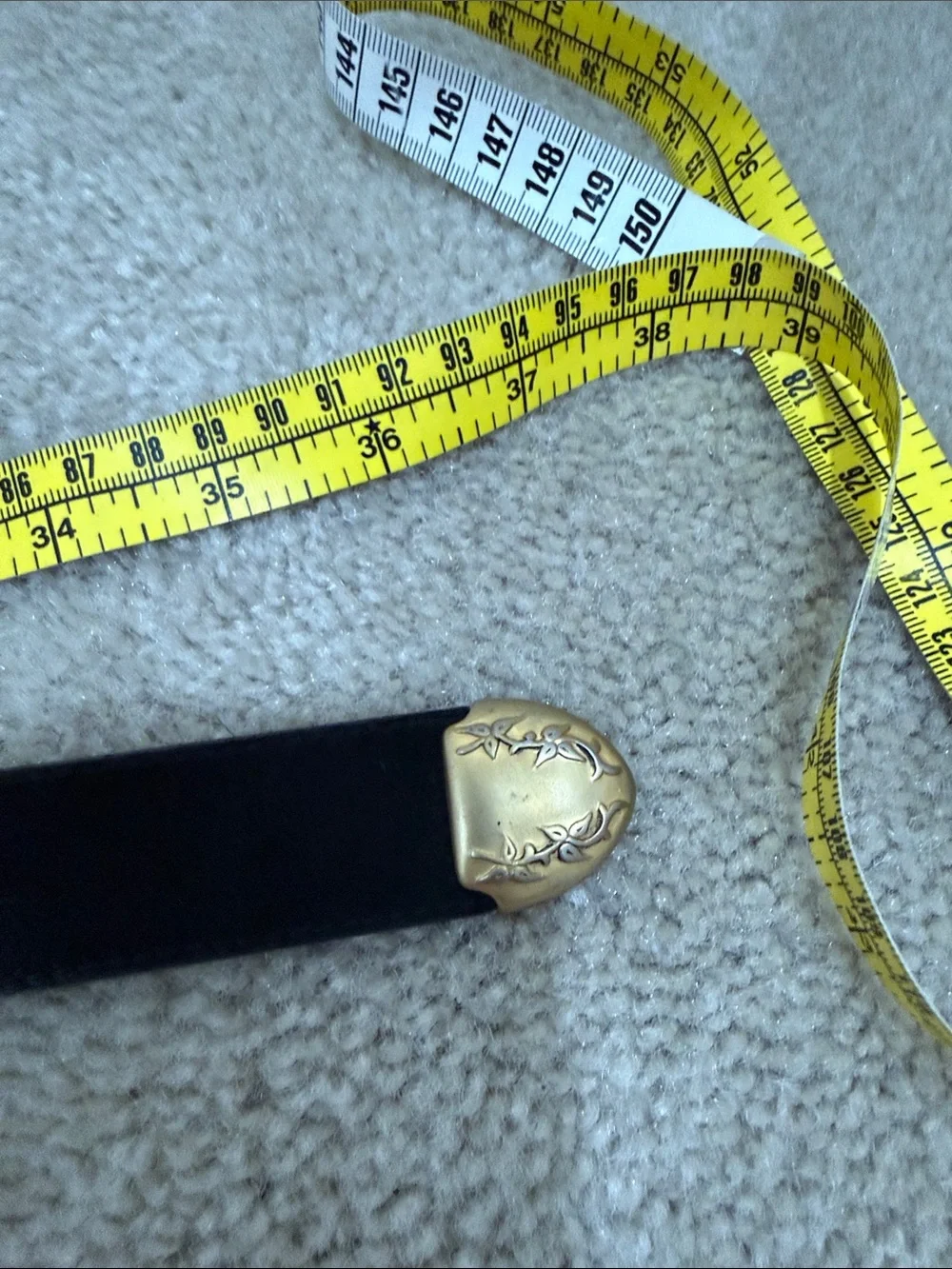 Express Black Leather Belt with Embossed Gold Buckle
